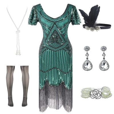 FUNDAISY Women Halter V-Neck Sequins Tassel 1920s Flapper Inspired Party Dance Dress with 20s Gatsby Accessories Set (3X-Large, Style F Flower Black Green)