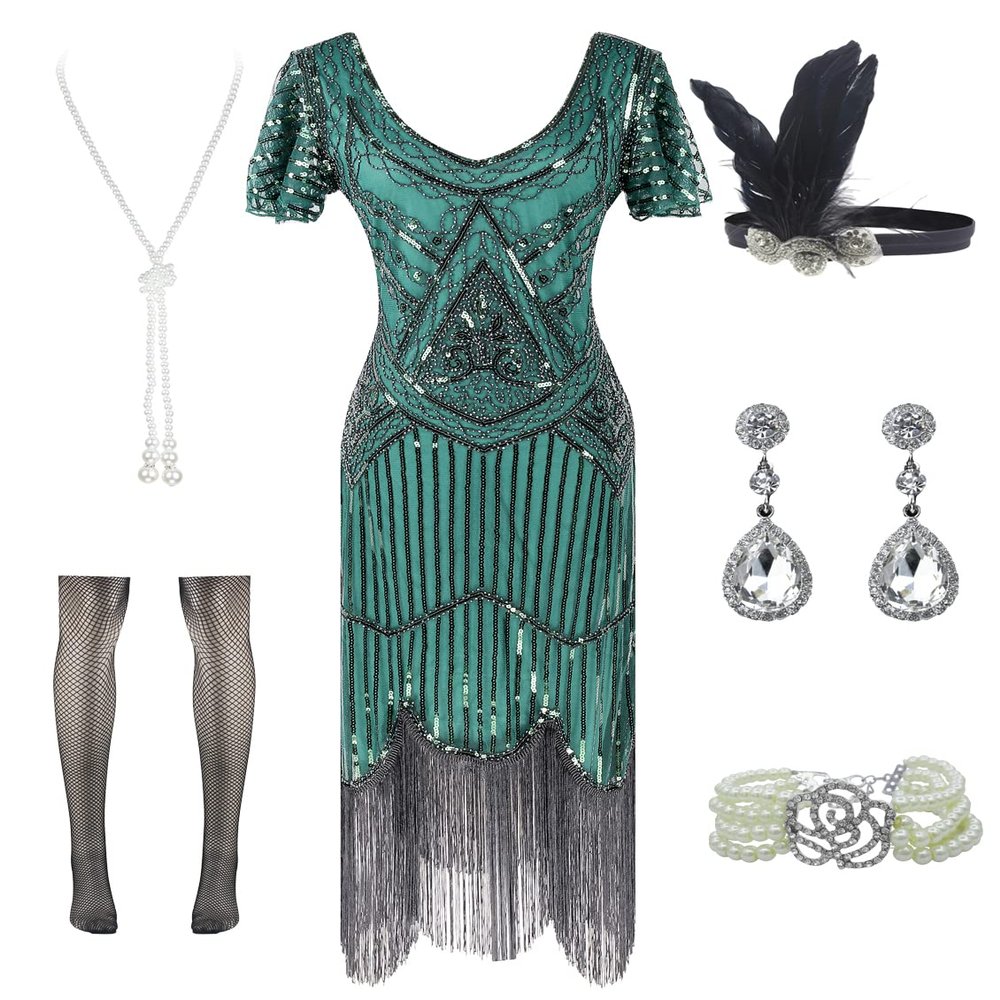 FUNDAISY Women Halter V-Neck Sequins Tassel 1920s Flapper Inspired Party Dance Dress with 20s Gatsby Accessories Set (3X-Large, Style F Flower Black Green)