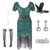FUNDAISY Women Halter V-Neck Sequins Tassel 1920s Flapper Inspired Party Dance Dress with 20s Gatsby Accessories Set (3X-Large, Style F Flower Black Green) view 1