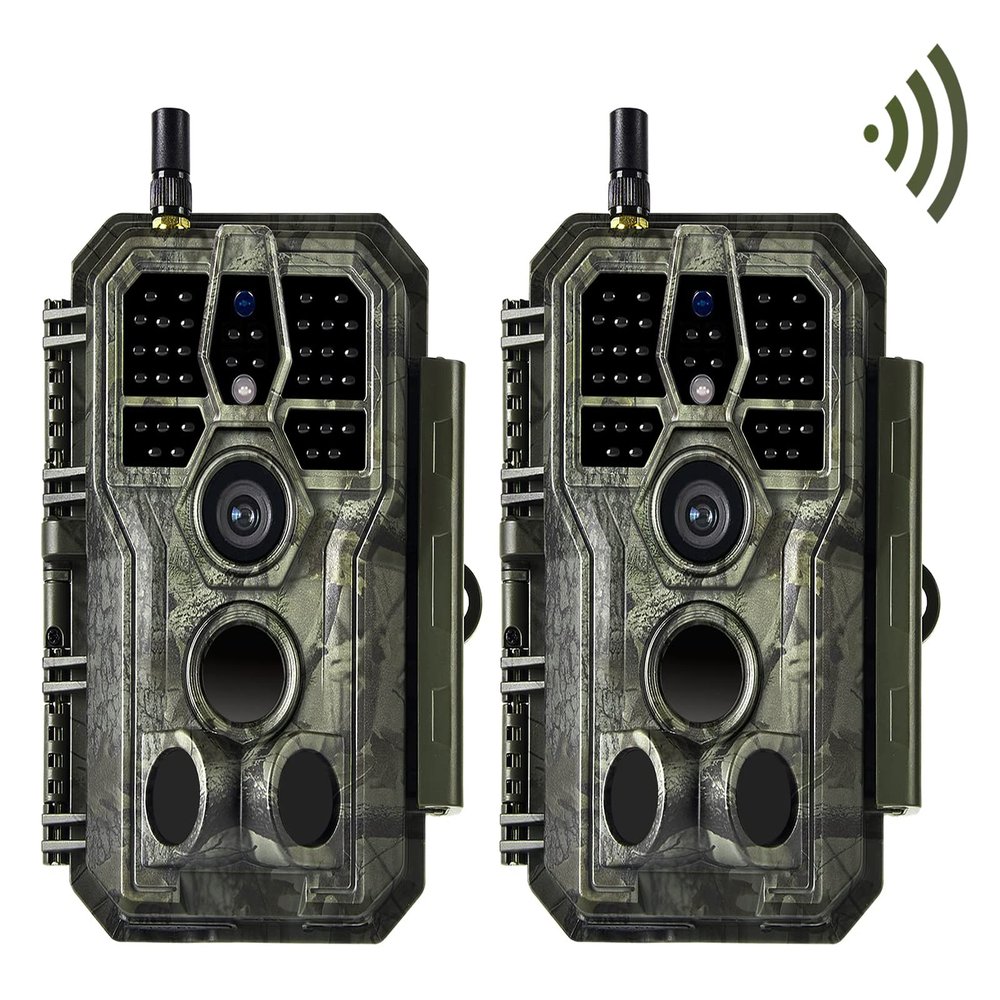 2 Pack WiFi Trail Camera 64MP 1296P, 0.1s trigger time 100ft night vision motion activated waterproof IP66 Wireless App Controll Sends Picture to Cell Phone for Hunting Wildlife & Home Surveillance