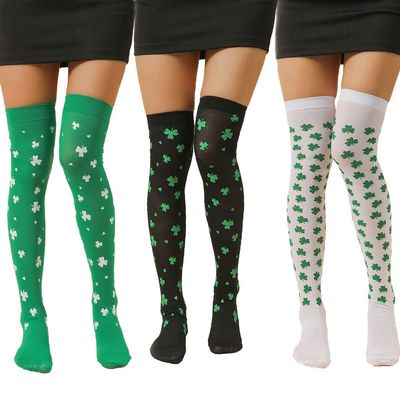 EVAZEN St. Patrick's Day Socks Striped Shamrock Over Knee Thigh High Stockings Green Irish Costume Leg Warmers for Women Men (B-Three pairs)