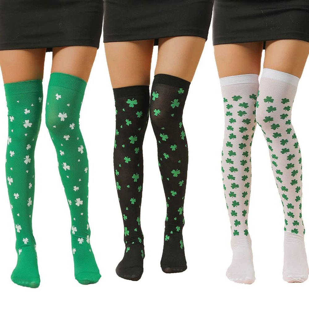 EVAZEN St. Patrick's Day Socks Striped Shamrock Over Knee Thigh High Stockings Green Irish Costume Leg Warmers for Women Men (B-Three pairs)