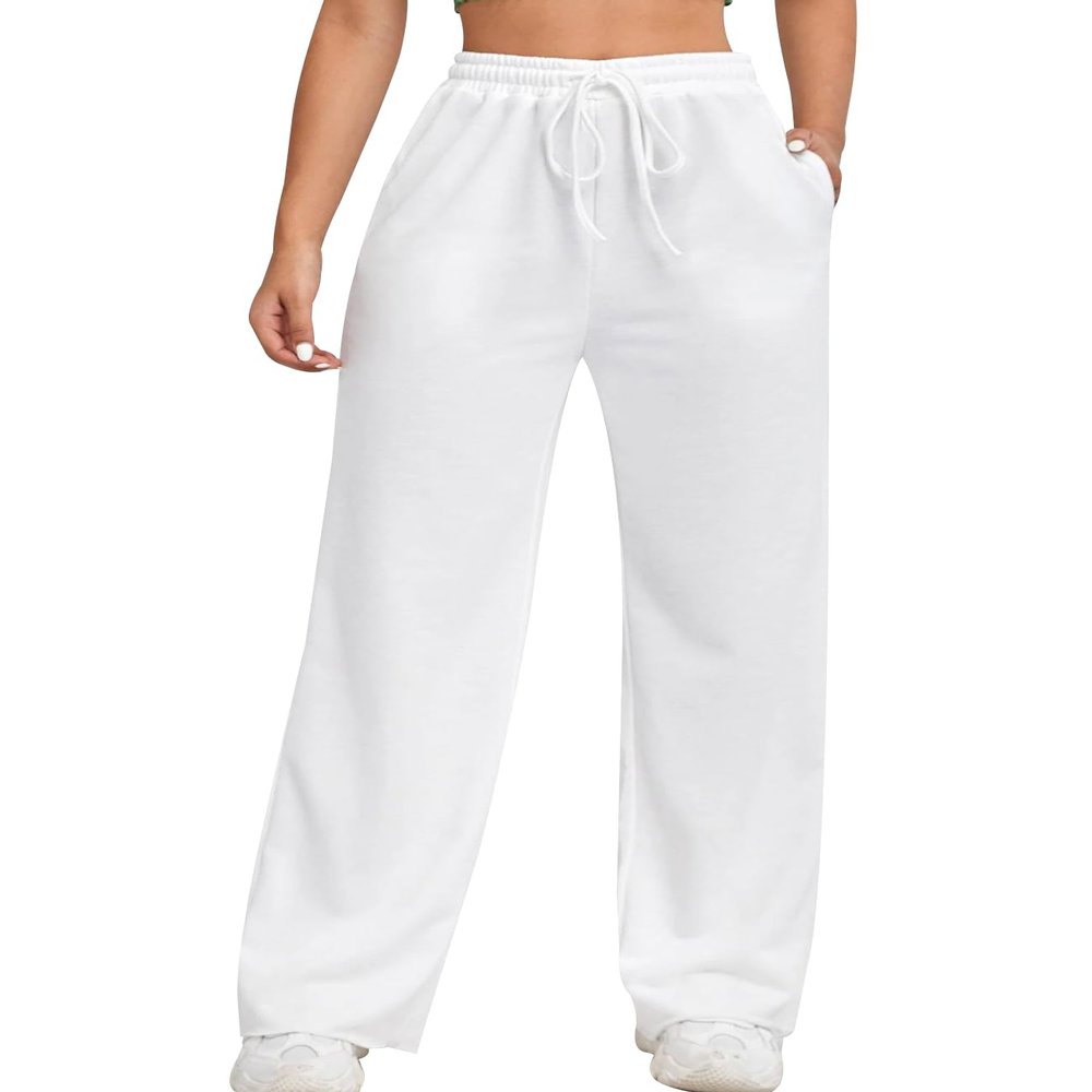 FACDIBY Wide Leg Sweatpants for Women Elastic High Waisted Drawstring Loose Pants with Pockets, White, XXL
