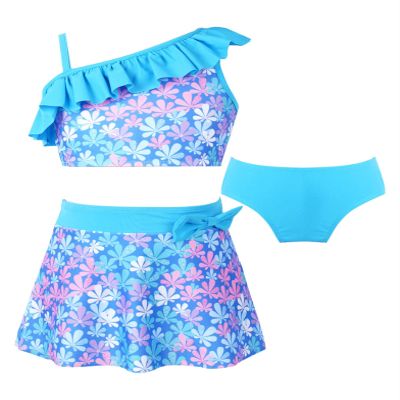 Daenrui Kids Girls Tankini 3 Pieces Swimsuit Ruffles Flounce Printed Swimwear Hawaii Beach Bikini Sets Rash Guard Sky Blue 10 Years