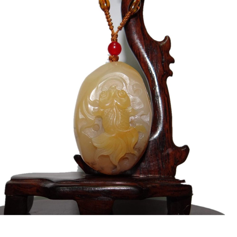 1.8" China Certified Nature Yellow Dragon Jade Fortue Gold Fish Hand Carved Necklace Pendants 2357