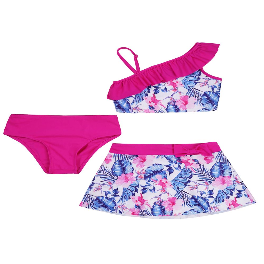 Daenrui Kids Girls Tankini 3 Pieces Swimsuit Ruffles Flounce Printed Swimwear Hawaii Beach Bikini Sets Rash Guard Rose 8 Years