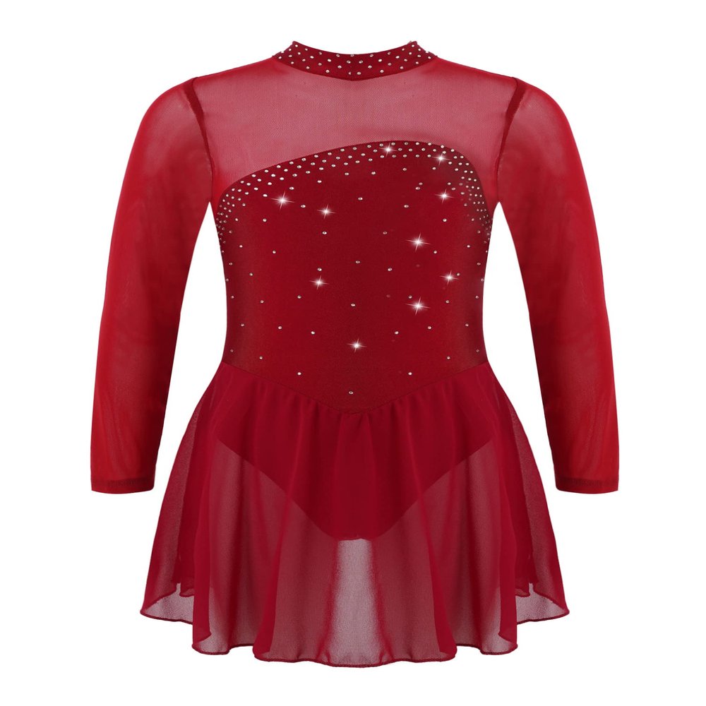 Agoky Kids Girls Long Sleeve Mesh Splice Figure Skating Dress with Rhinestone Keyhole Back Gymnastic Ballet Dance Costume Burgundy 16 Years