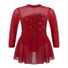 Agoky Kids Girls Long Sleeve Mesh Splice Figure Skating Dress with Rhinestone Keyhole Back Gymnastic Ballet Dance Costume Burgundy 16 Years view 1
