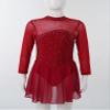 Agoky Kids Girls Long Sleeve Mesh Splice Figure Skating Dress with Rhinestone Keyhole Back Gymnastic Ballet Dance Costume Burgundy 16 Years view 4