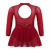 Agoky Kids Girls Long Sleeve Mesh Splice Figure Skating Dress with Rhinestone Keyhole Back Gymnastic Ballet Dance Costume Burgundy 10 Years view 2