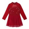 Agoky Kids Girls Long Sleeve Mesh Splice Figure Skating Dress with Rhinestone Keyhole Back Gymnastic Ballet Dance Costume Burgundy 10 Years view 3