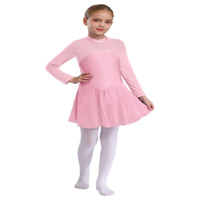 Jowowha Girls Rhinestone Figure Ice Skating Dress Mesh Long Sleeve Leotard Dress Roller Skating Ballet Dance Dress Pink 12 Years