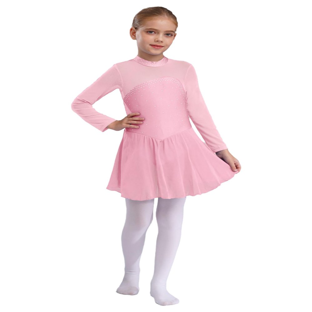 Jowowha Girls Rhinestone Figure Ice Skating Dress Mesh Long Sleeve Leotard Dress Roller Skating Ballet Dance Dress Pink 12 Years