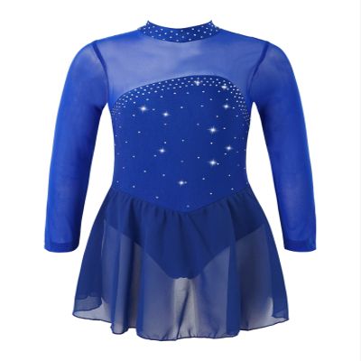 Agoky Kids Girls Long Sleeve Mesh Splice Figure Skating Dress with Rhinestone Keyhole Back Gymnastic Ballet Dance Costume Royal Blue 12 Years