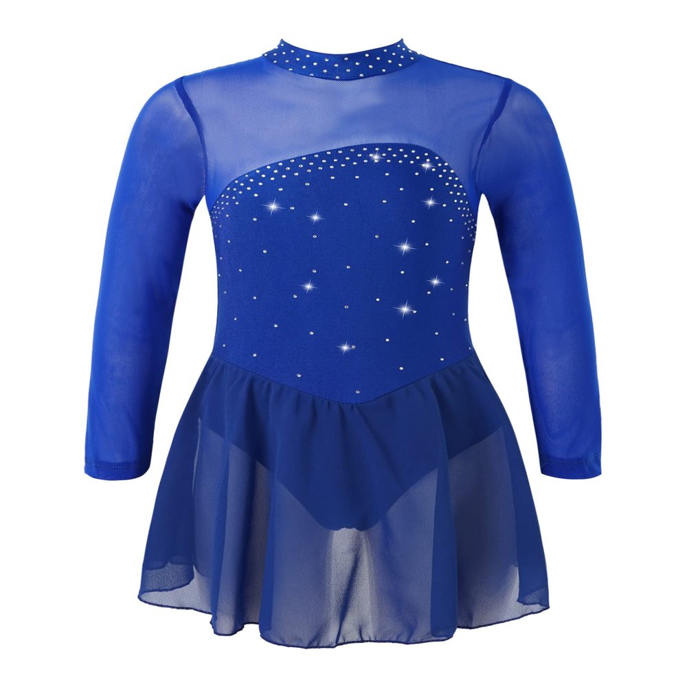 Agoky Kids Girls Long Sleeve Mesh Splice Figure Skating Dress with Rhinestone Keyhole Back Gymnastic Ballet Dance Costume Royal Blue 12 Years