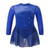 Agoky Kids Girls Long Sleeve Mesh Splice Figure Skating Dress with Rhinestone Keyhole Back Gymnastic Ballet Dance Costume Royal Blue 12 Years view 1