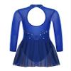 Agoky Kids Girls Long Sleeve Mesh Splice Figure Skating Dress with Rhinestone Keyhole Back Gymnastic Ballet Dance Costume Royal Blue 12 Years view 2