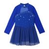 Agoky Kids Girls Long Sleeve Mesh Splice Figure Skating Dress with Rhinestone Keyhole Back Gymnastic Ballet Dance Costume Royal Blue 12 Years view 3
