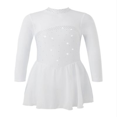 Agoky Kids Girls Long Sleeve Mesh Splice Figure Skating Dress with Rhinestone Keyhole Back Gymnastic Ballet Dance Costume White 12 Years