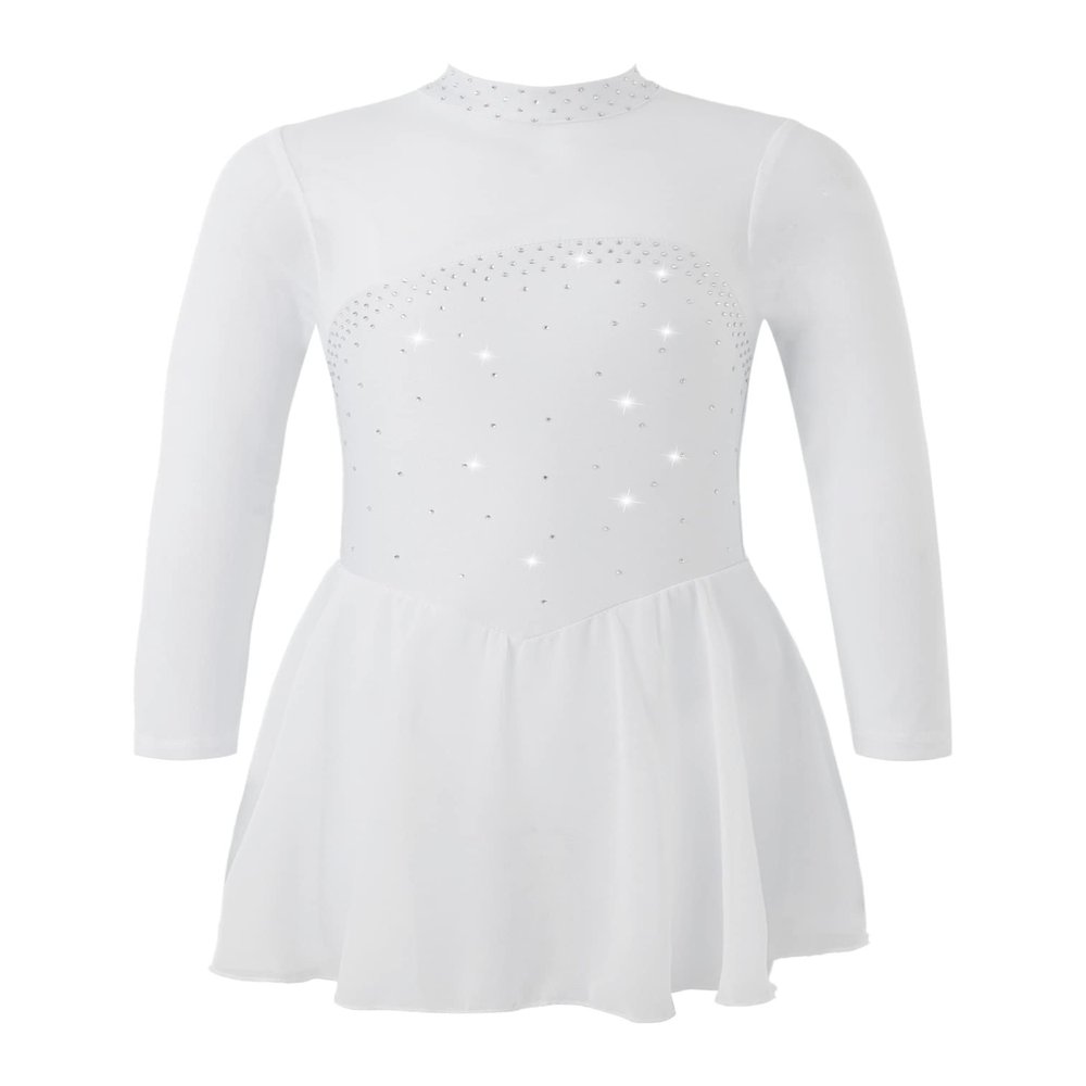 Agoky Kids Girls Long Sleeve Mesh Splice Figure Skating Dress with Rhinestone Keyhole Back Gymnastic Ballet Dance Costume White 12 Years