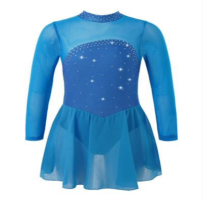 Agoky Kids Girls Long Sleeve Mesh Splice Figure Skating Dress with Rhinestone Keyhole Back Gymnastic Ballet Dance Costume Sky Blue 10 Years