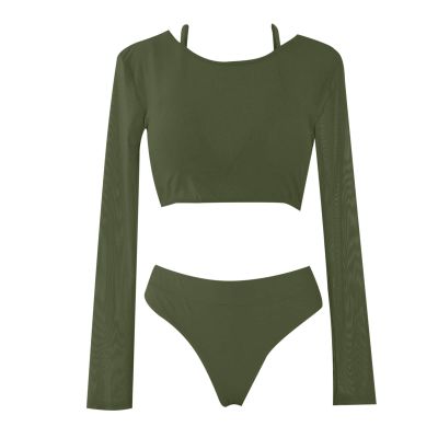 3PCS Swimsuit for Women's Sexy Swim Shirt Rashguard Long Sleeve Crop Top with Triangle Bikini Set Swimwear Army Green