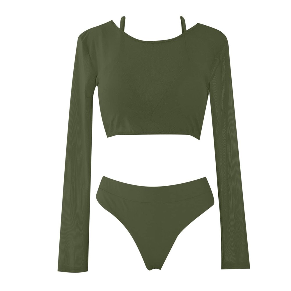 3PCS Swimsuit for Women's Sexy Swim Shirt Rashguard Long Sleeve Crop Top with Triangle Bikini Set Swimwear Army Green