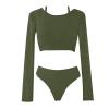 3PCS Swimsuit for Women's Sexy Swim Shirt Rashguard Long Sleeve Crop Top with Triangle Bikini Set Swimwear Army Green view 1