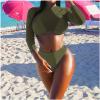 3PCS Swimsuit for Women's Sexy Swim Shirt Rashguard Long Sleeve Crop Top with Triangle Bikini Set Swimwear Army Green view 2