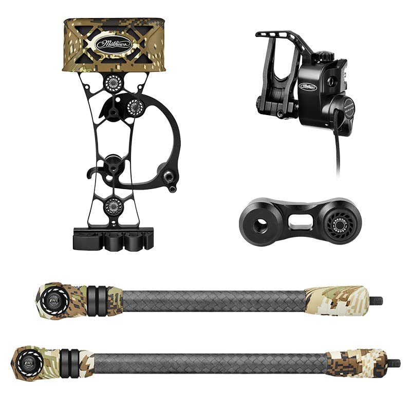 Mathews Flatline Stabilizers with HD Quiver + QAD Integrate Rest + Static Sidebar Mount (10" + 12", 4 Arrow Quiver, Optifade Subalpine)