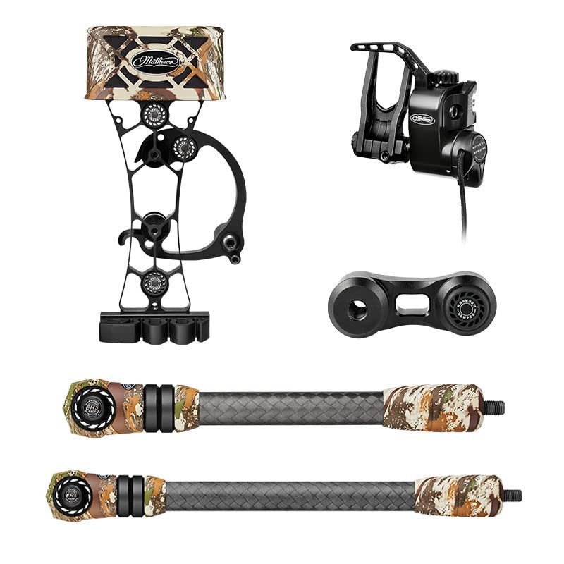 Mathews Flatline Stabilizers with HD Quiver + QAD Integrate Rest + Static Sidebar Mount (8" + 10", 4 Arrow Quiver, First Lite Specter)