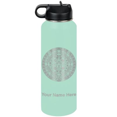 LaserGram Personalized Water Bottle, Aztec Calendar, Stainless Steel Double Wall Vacuum Insulated with Flip Top Straw, Custom Engraved Gift (40oz / 1180ml Teal)