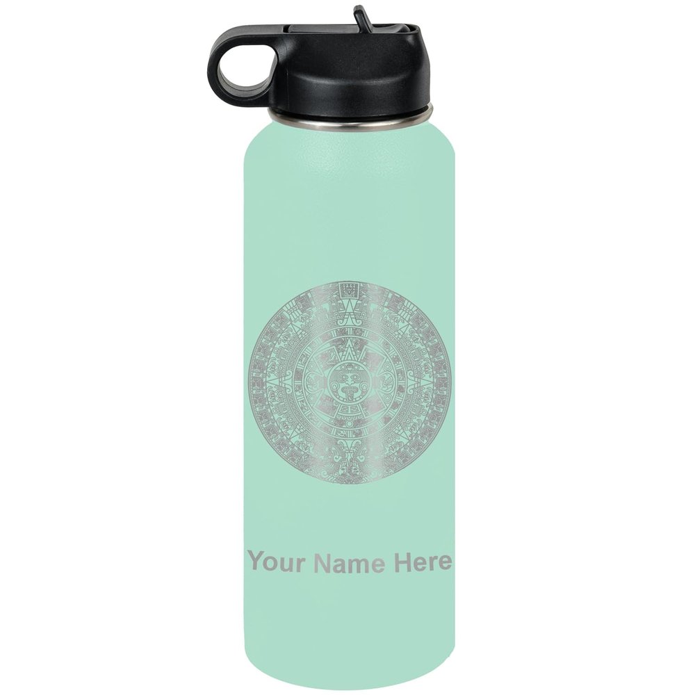 LaserGram Personalized Water Bottle, Aztec Calendar, Stainless Steel Double Wall Vacuum Insulated with Flip Top Straw, Custom Engraved Gift (40oz / 1180ml Teal)