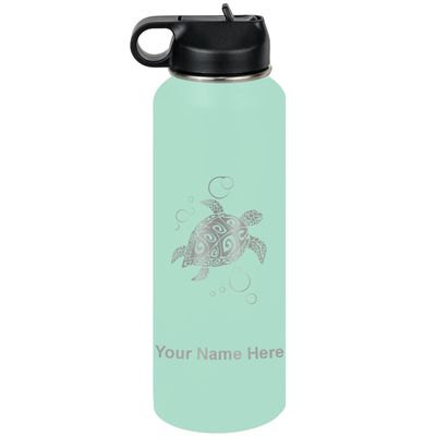 LaserGram Personalized Water Bottle, Hawaiian Sea Turtle, Stainless Steel Double Wall Vacuum Insulated with Flip Top Straw, Custom Engraved Gift (40oz / 1180ml Teal)