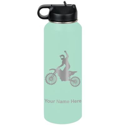 LaserGram Personalized Water Bottle, Motocross, Stainless Steel Double Wall Vacuum Insulated with Flip Top Straw, Custom Engraved Gift (40oz / 1180ml Teal)