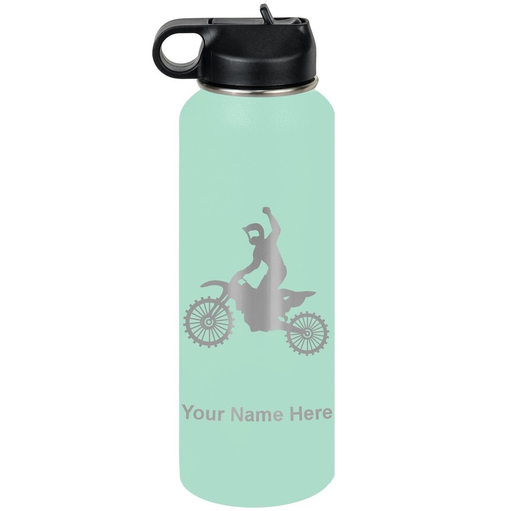 LaserGram Personalized Water Bottle, Motocross, Stainless Steel Double Wall Vacuum Insulated with Flip Top Straw, Custom Engraved Gift (40oz / 1180ml Teal)
