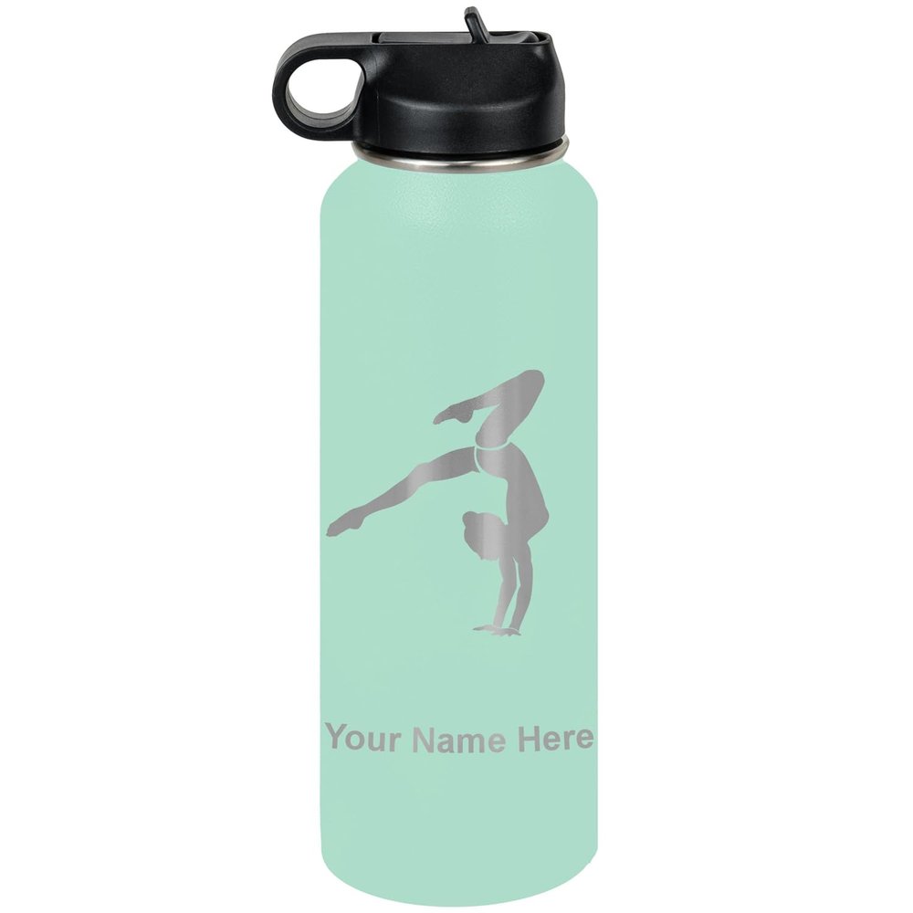 LaserGram Personalized Water Bottle, Gymnast Handstand, Stainless Steel Double Wall Vacuum Insulated with Flip Top Straw, Custom Engraved Gift (40oz / 1180ml Teal)