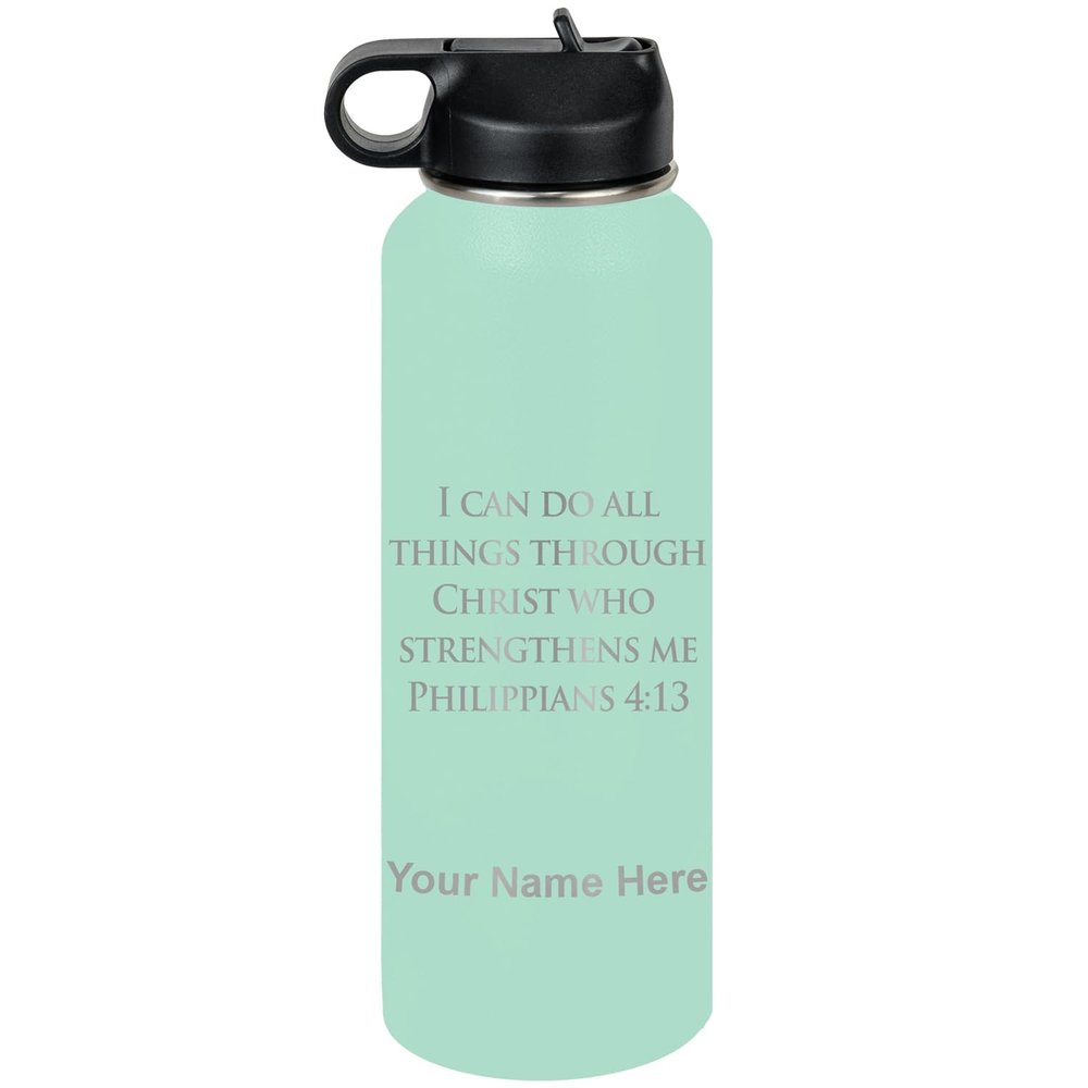 LaserGram Personalized Water Bottle, Bible Verse Philippians 4-13, Stainless Steel Double Wall Vacuum Insulated with Flip Top Straw, Custom Engraved Gift (40oz / 1180ml Teal)