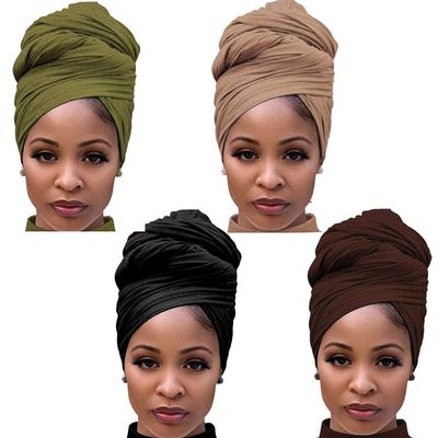 Youme Stretch Jersey Turban Head Wraps African for Women Dreadlocks Scarf Ultra Soft Headband Long Hair Breathable Solid Color Tie Large Headbands, Black+coffe+light Brown+army Green