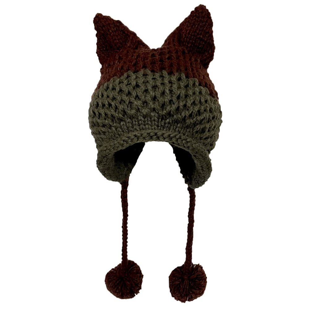 SUNONE11HKA Fox Ears Gray Beanie Handmade Knitting Pompom Caps Patchwork Crochet Dog Earmuff Hat (Wine Red)