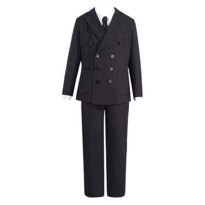 Loloda Boy's 4-Piece Tuxedo Suit with Dress Shirt Bowtie Jacket Pant Formal Dresswear Wedding Ring Bearer Outfits Double Breasted Black A 6 Years
