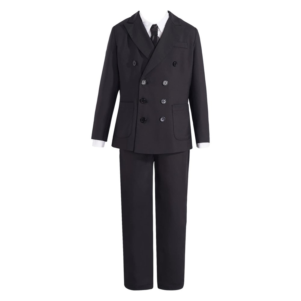 Loloda Boy's 4-Piece Tuxedo Suit with Dress Shirt Bowtie Jacket Pant Formal Dresswear Wedding Ring Bearer Outfits Double Breasted Black A 6 Years