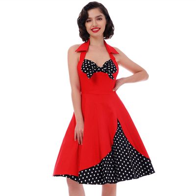 1950s Dresses for Women 1940s Vintage Rockabilly 50s Style Audrey Hepburn Halter Polka Dot Floral Print Swing A Line Skater Midi Tea Dress Cocktail Evening Party Prom Gown Plus Size Red+Black L