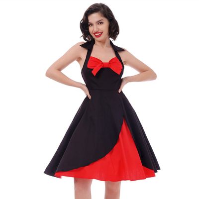 1950s Dresses for Women 1940s Vintage Rockabilly 50s Style Audrey Hepburn Halter Polka Dot Floral Print Swing A Line Skater Midi Tea Dress Cocktail Evening Party Prom Gown Plus Size Black+Red L