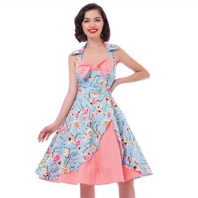 1950s Dresses for Women 1940s Vintage Rockabilly 50s Style Audrey Hepburn Halter Polka Dot Floral Print Swing A Line Skater Midi Tea Dress Cocktail Evening Party Prom Gown Plus Size Pale Pink M