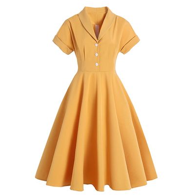 50s Dresses for Women 1950s 1940s Vintage Hepburn Short Sleeve Peter Pan Collar Rockabilly Retro Swing A Line Midi Summer Skater Tea Dress Cocktail Party Evening Prom Gown Plus Size Yellow XL