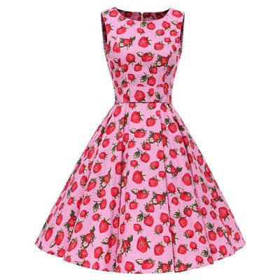 1950s Dresses for Women 1940s Vintage 50s Style Audrey Hepburn Sleeveless Rockabilly Swing A Line Midi Summer Skater Tea Dress Cocktail Party Evening Prom Gown Plus Size B#Pink+Strawberry XXL