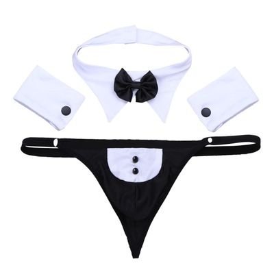 Fldy Men's Waiter Tuxedo Lingerie Sexy Cosplay Costume Bowtie Collar with Boxer Briefs Bracelets Black&White A Medium