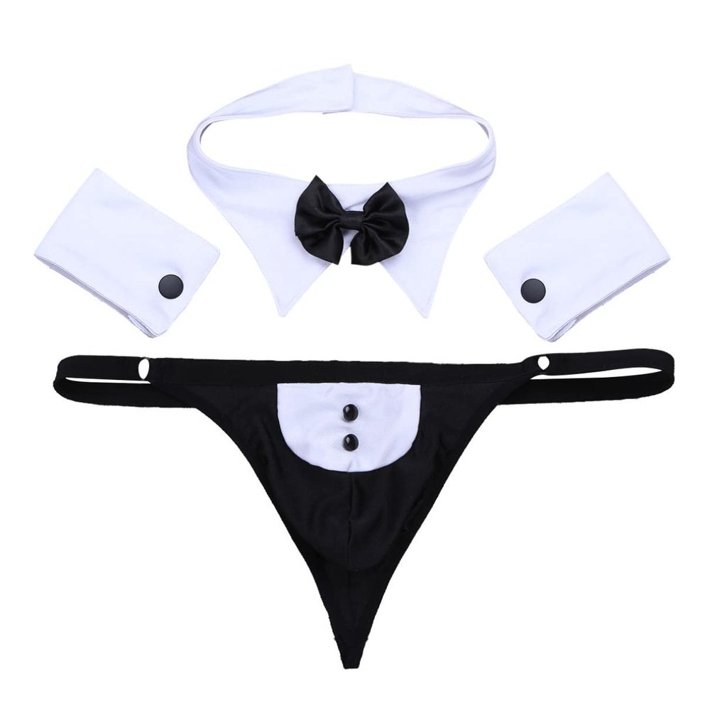Fldy Men's Waiter Tuxedo Lingerie Sexy Cosplay Costume Bowtie Collar with Boxer Briefs Bracelets Black&White A Medium