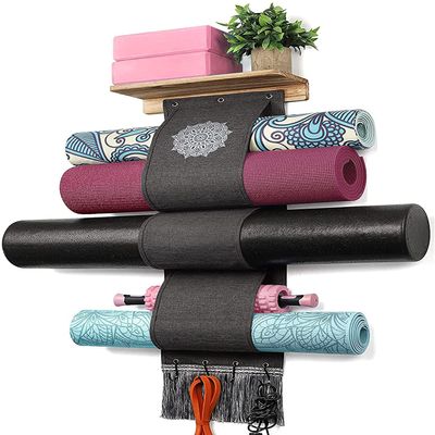 VINAEMO Yoga Mat Holder Wall Mount Storage Rack with 3 Sizes Pocket Wood Floating Shelves and 4 Hooks for Hanging Foam Roller Yoga Mats Yoga Block Home Gym Accessories Carbonized Black